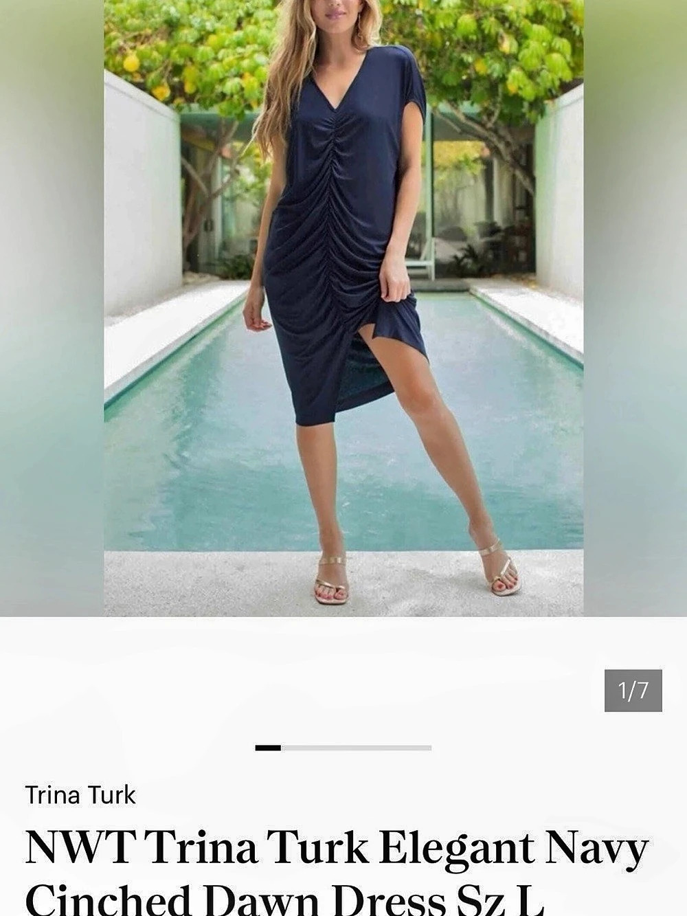 Trina Turk Elegant Navy Dawn Ruched Midi Dress, Size Medium
